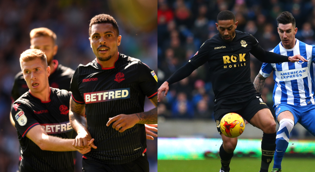 LEFT: Josh Magennis of Bolton Wanderers celebrates after scoring his team's first goal during the Sky Bet Championship match between West Bromwich Albion and Bolton Wanderers RIGHT: Liam Feeney of Bolton holds the ball up from Brighton's Liam Ridgewell during the Sky Bet Championship match between Brighton and Hove Albion and Bolton Wanderers