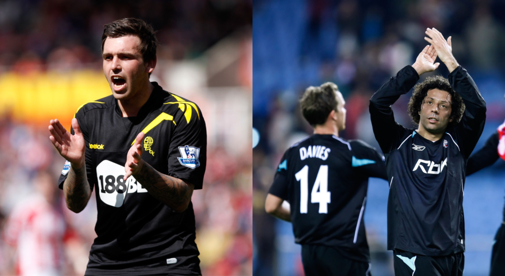 LEFT: Mark Davies of Bolton Wanderers RIGHT: Ivan Campo of Bolton Wanderers celebrates after his team drew 0-0 in the UEFA Cup Round of 32, Second Leg match between Atletico Madrid and Bolton Wanderers